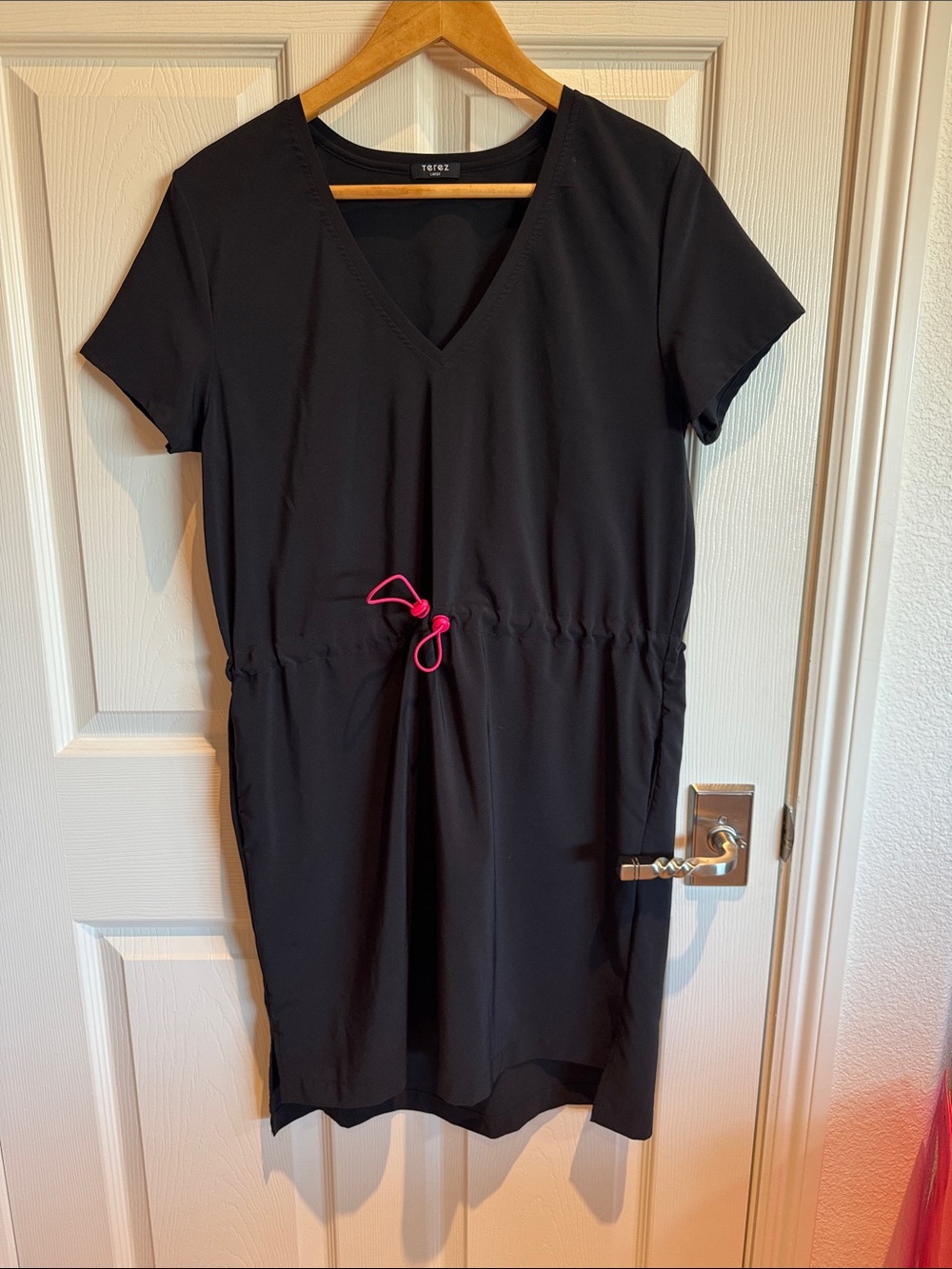 Terez Black V-Neck Drawstring Dress with Hot Pink Toggle
